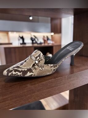 Stuart Weitzman | Mules |  Heels | Brown:Cream:Taupe | Python Print | 9